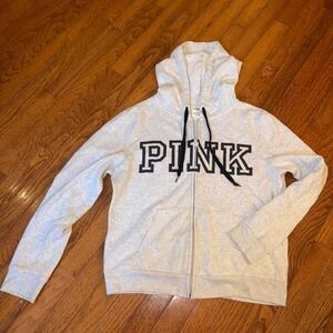 Victorias Secret PINK Gray Full Zip Hoodie Sweatshirt Logo Heathered Medium